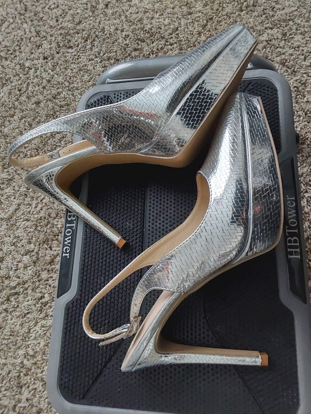 Silver Slingback Pointed-Toe Stiletto Heels